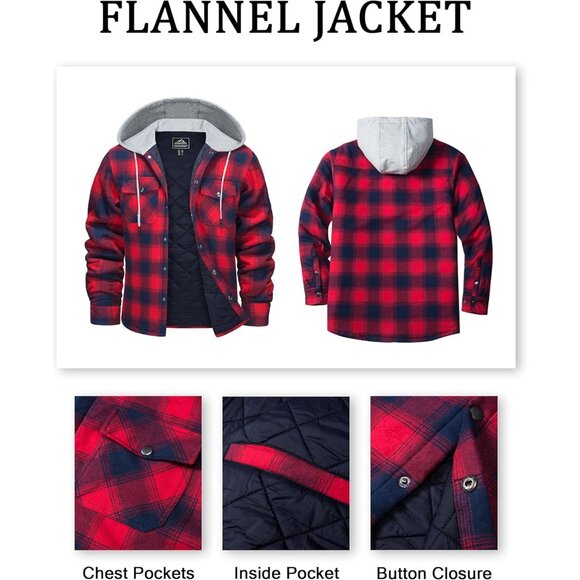 🆕 Men Red Flannel Shirt Jacket Quilted Lined Winter Warm Coat Button Up Hoodie - Picture 6 of 6